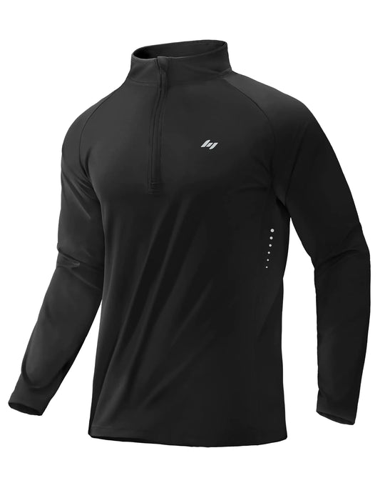MIER Quarter Zip Pullover Men Dry Fit Black Running Shirts Long Sleeve 1/4 Zip Golf Workout Gym Tshirt UPF 50+ L